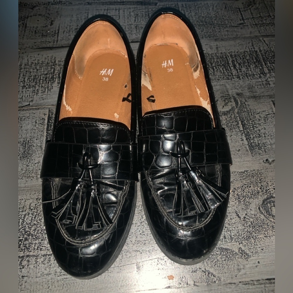 H&M Black Tassel Loafers, Size 38, Faux Leather